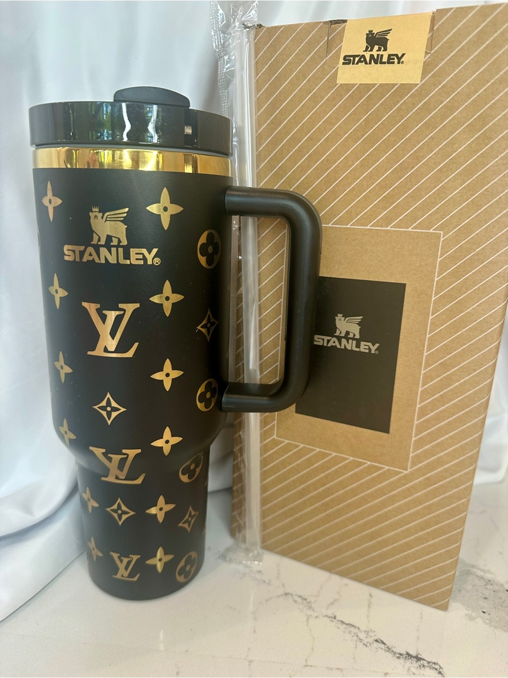 Stanley Black and Gold Monogram Travel Tumbler with Handle